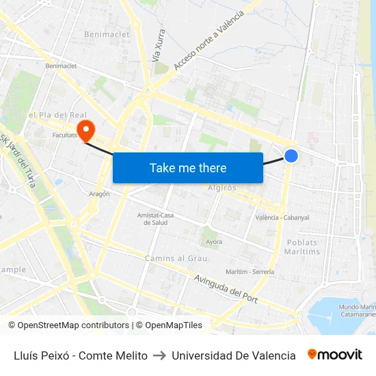 Lluís Peixó - Comte Melito to Universidad De Valencia map