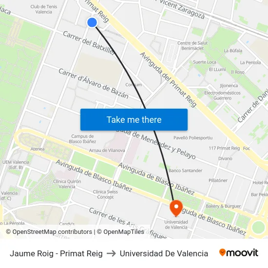 Jaume Roig - Primat Reig to Universidad De Valencia map
