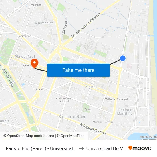 Fausto Elio (Parell) - Universitat Politècnica to Universidad De Valencia map