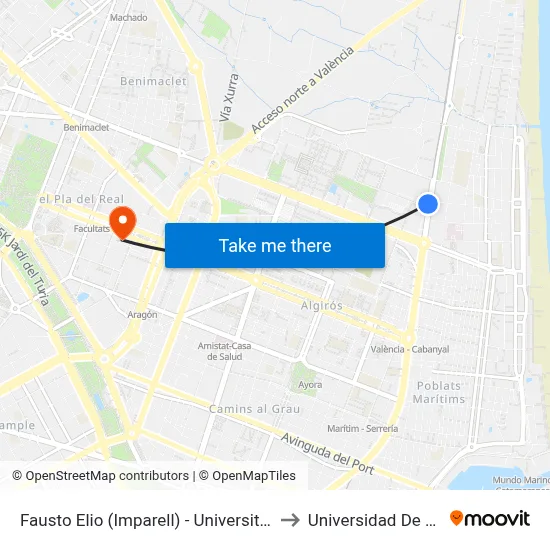 Fausto Elio (Imparell) - Universitat Politècnica to Universidad De Valencia map