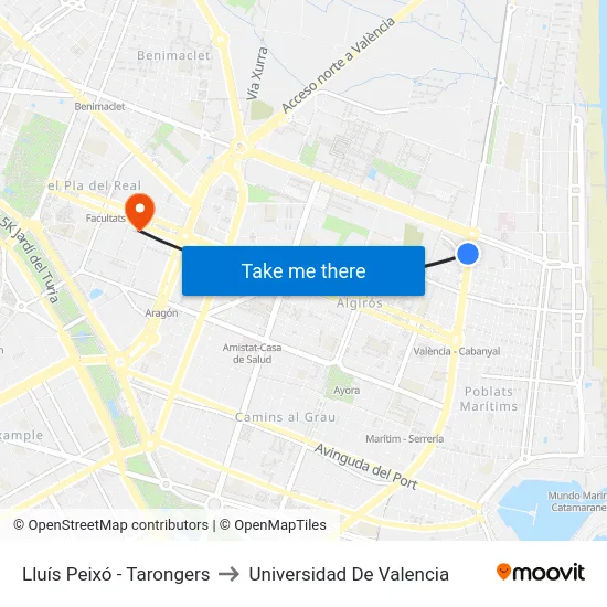 Lluís Peixó - Tarongers to Universidad De Valencia map