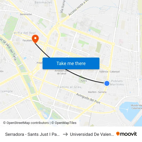 Serradora - Sants Just I Pastor to Universidad De Valencia map