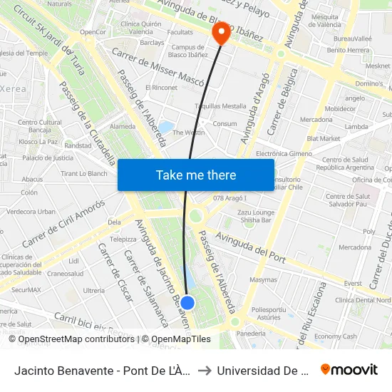 Jacinto Benavente - Pont De L'Àngel Custodi to Universidad De Valencia map