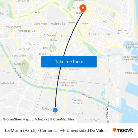 La Murta (Parell) - Cementeri to Universidad De Valencia map