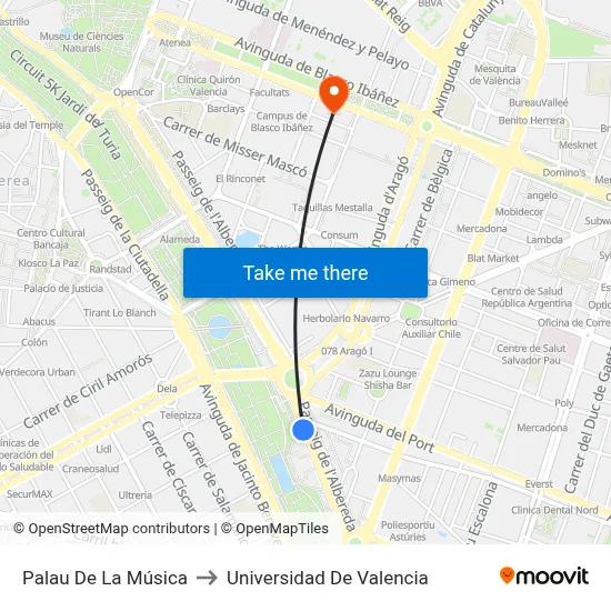Palau De La Música to Universidad De Valencia map