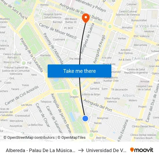 Albereda - Palau De La Música (Imparell) to Universidad De Valencia map