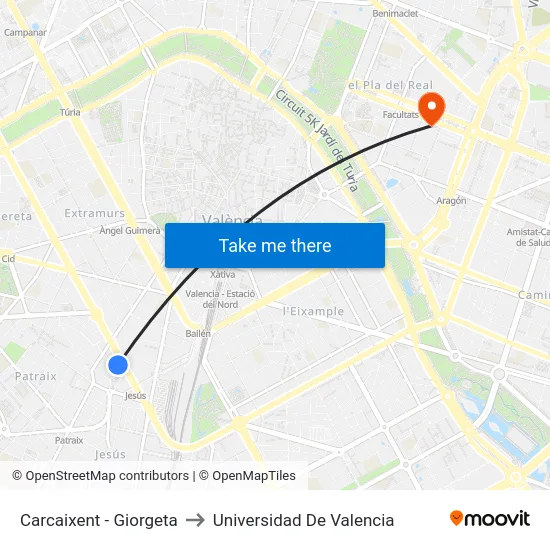 Carcaixent - Giorgeta to Universidad De Valencia map