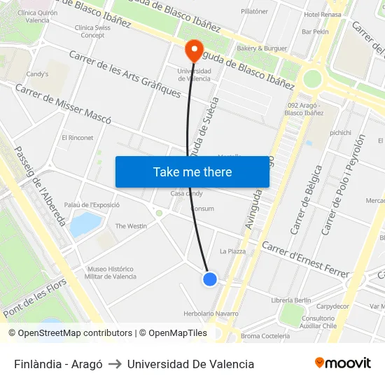 Finlàndia - Aragó to Universidad De Valencia map