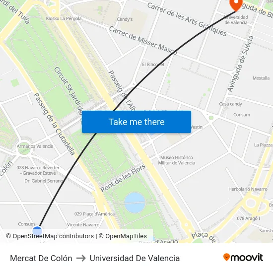 Mercat De Colón to Universidad De Valencia map