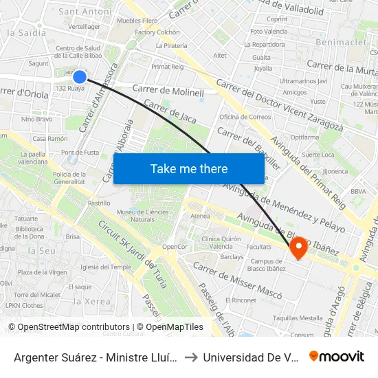Argenter Suárez - Ministre Lluís Mayans to Universidad De Valencia map