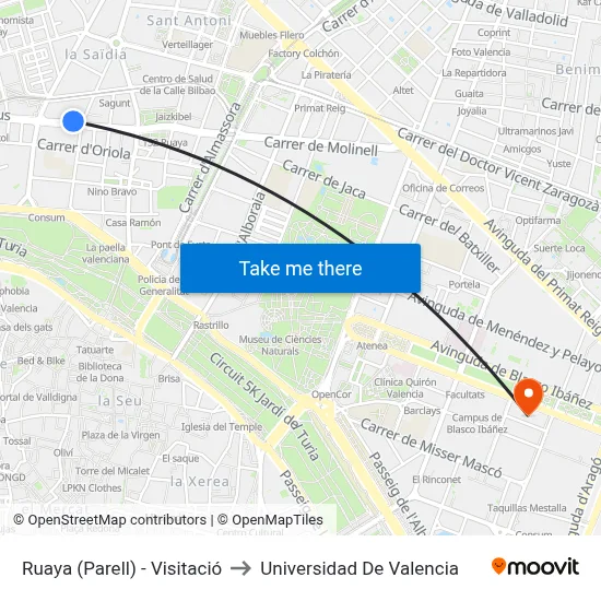 Ruaya (Parell) - Visitació to Universidad De Valencia map