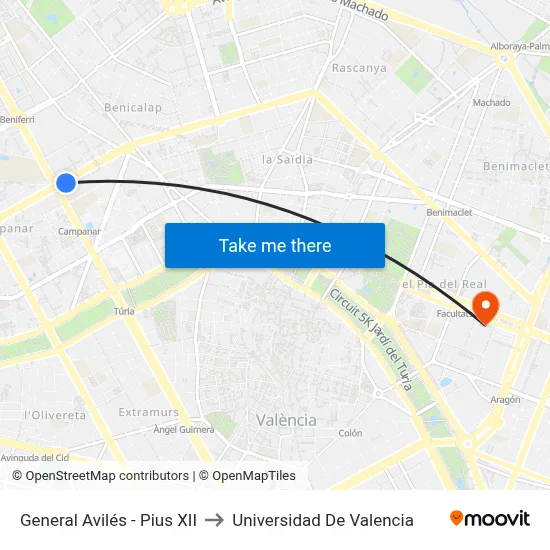 General Avilés - Pius XII to Universidad De Valencia map