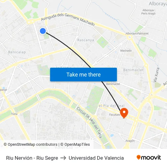 Riu Nervión - Riu Segre to Universidad De Valencia map