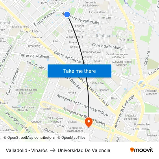 Valladolid - Vinaròs to Universidad De Valencia map