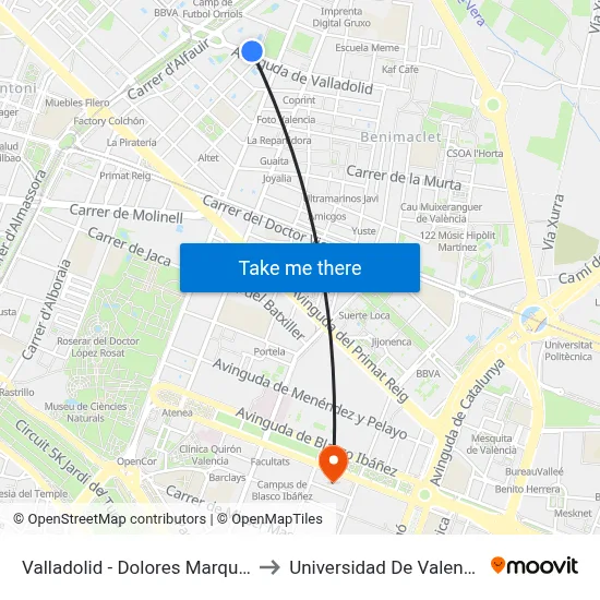 Valladolid - Dolores Marqués to Universidad De Valencia map