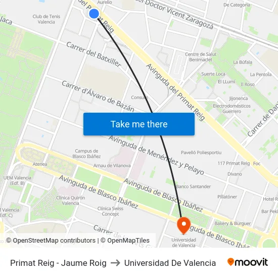 Primat Reig - Jaume Roig to Universidad De Valencia map