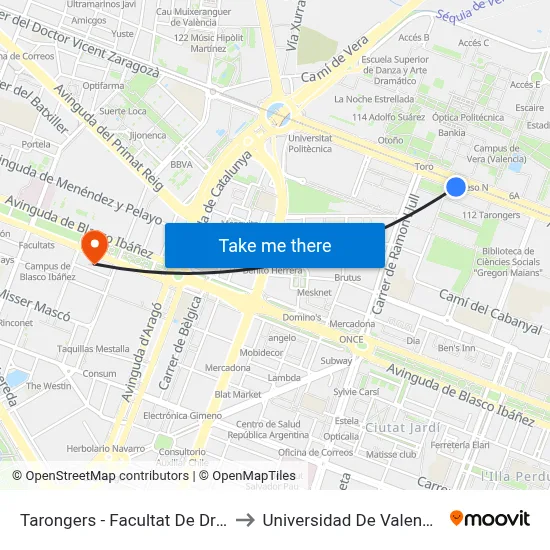 Tarongers - Facultat De Dret to Universidad De Valencia map