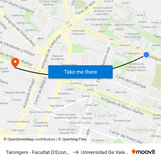 Tarongers - Facultat D'Economia to Universidad De Valencia map