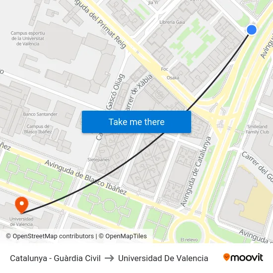 Catalunya - Guàrdia Civil to Universidad De Valencia map