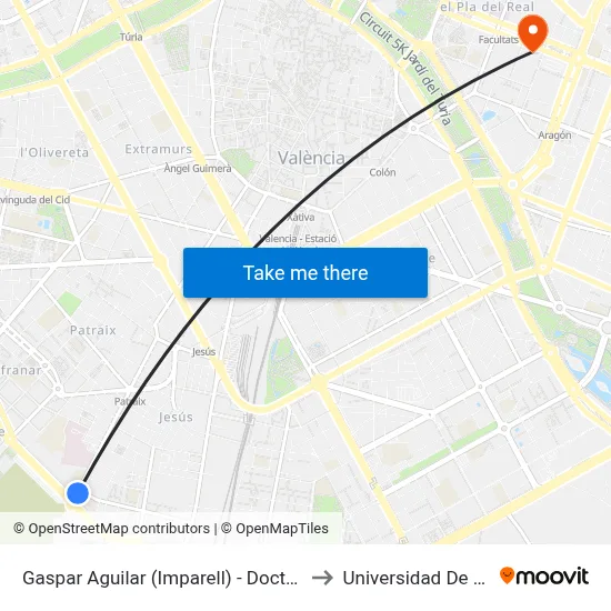 Gaspar Aguilar (Imparell) - Doctor Tomás Sala to Universidad De Valencia map
