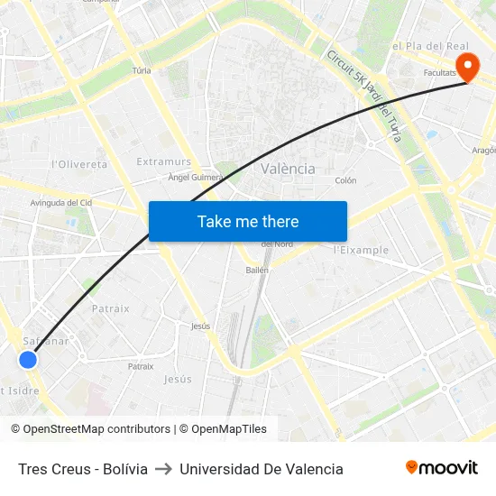 Tres Creus - Bolívia to Universidad De Valencia map