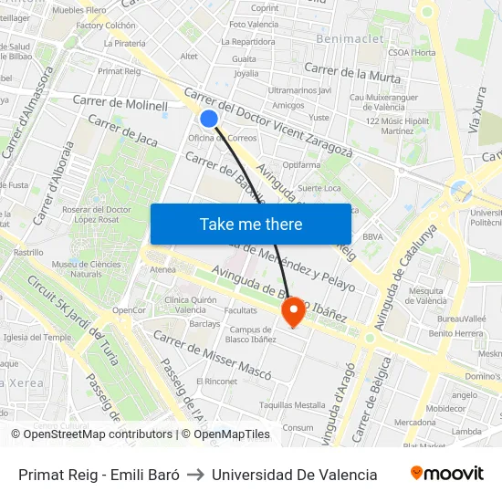 Primat Reig - Emili Baró to Universidad De Valencia map