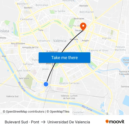 Bulevard Sud - Pont to Universidad De Valencia map