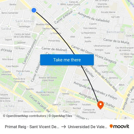Primat Reig - Sant Vicent De Paül to Universidad De Valencia map
