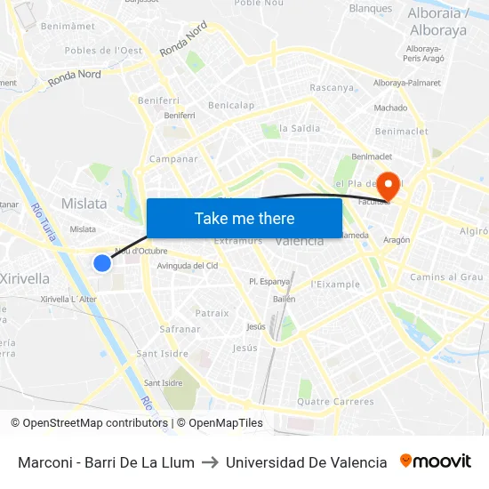 Marconi - Barri De La Llum to Universidad De Valencia map