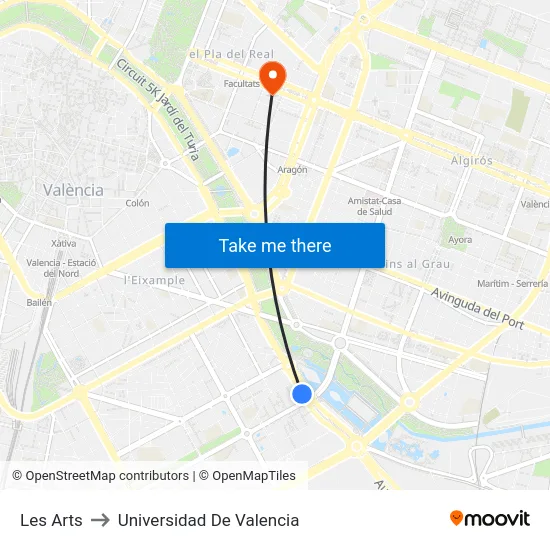 Les Arts to Universidad De Valencia map