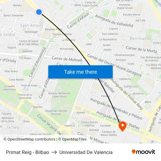 Primat Reig - Bilbao to Universidad De Valencia map