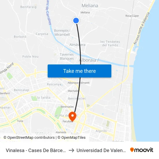 Vinalesa - Cases De Bàrcena to Universidad De Valencia map