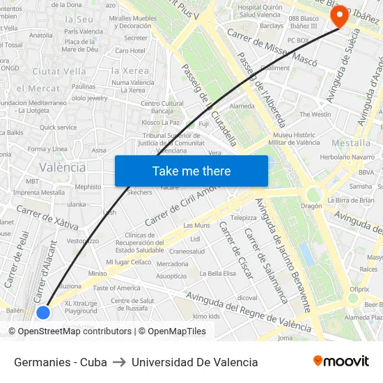 Germanies - Cuba to Universidad De Valencia map