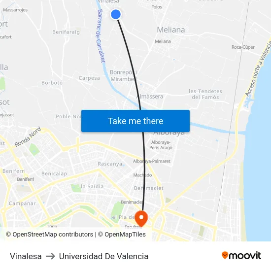 Vinalesa to Universidad De Valencia map