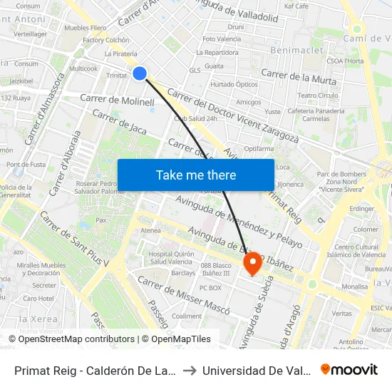 Primat Reig - Calderón De La Barca to Universidad De Valencia map