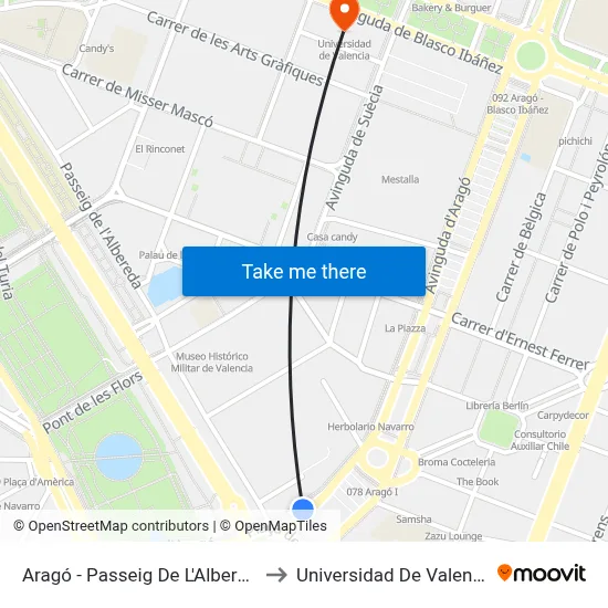 Aragó - Passeig De L'Albereda to Universidad De Valencia map