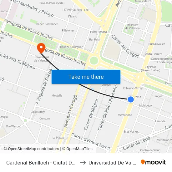 Cardenal Benlloch - Ciutat De Mula to Universidad De Valencia map