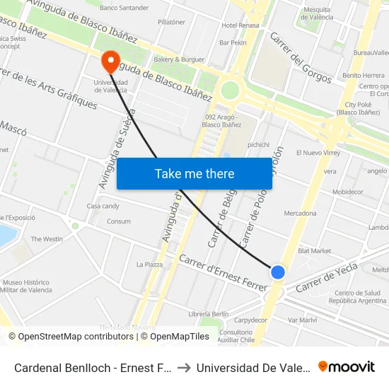 Cardenal Benlloch - Ernest Ferrer to Universidad De Valencia map