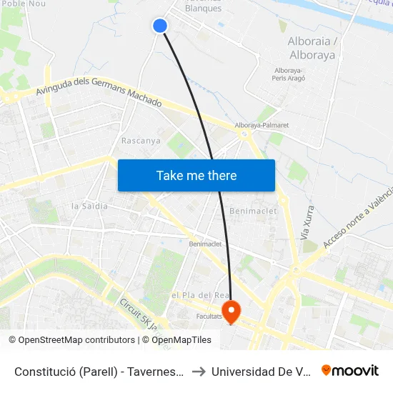 Constitució (Parell) - Tavernes Blanques to Universidad De Valencia map
