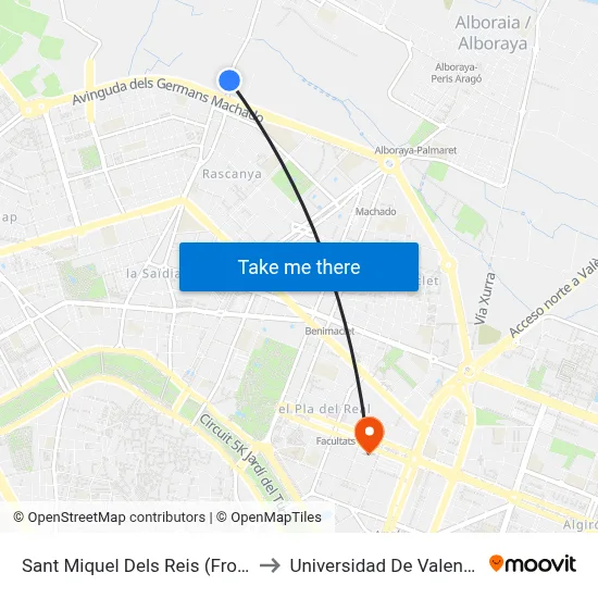 Sant Miquel Dels Reis (Front) to Universidad De Valencia map