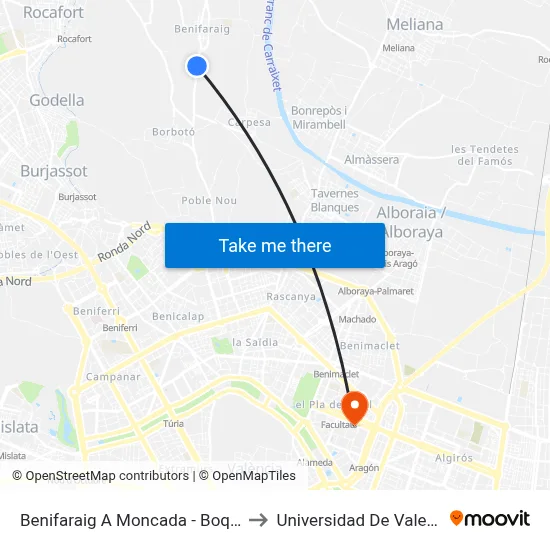 Benifaraig A Moncada - Boquera to Universidad De Valencia map