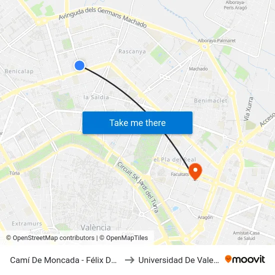 Camí De Moncada - Félix Del Río to Universidad De Valencia map
