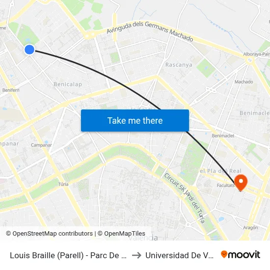 Louis Braille (Parell) - Parc De Benicalap to Universidad De Valencia map