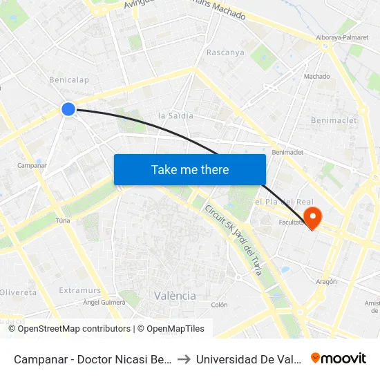 Campanar - Doctor Nicasi Benlloch to Universidad De Valencia map