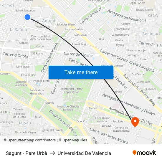 Sagunt - Pare Urbà to Universidad De Valencia map