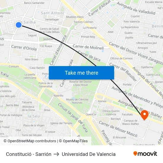 Constitució - Sarrión to Universidad De Valencia map