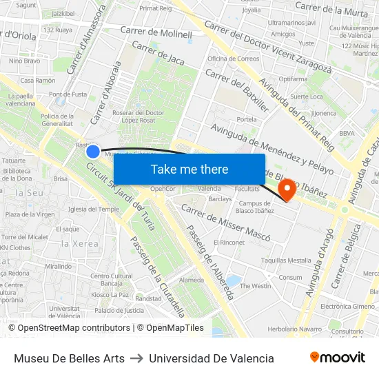 Museu De Belles Arts to Universidad De Valencia map