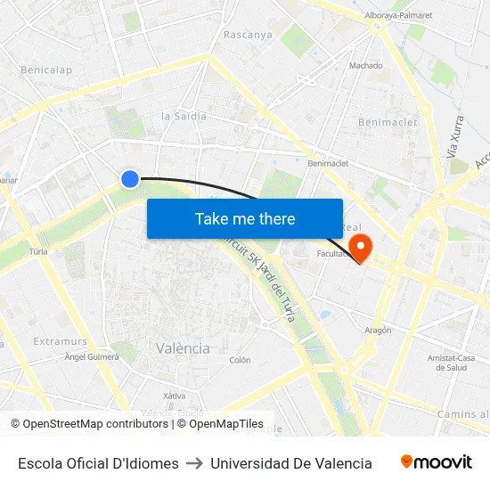 Escola Oficial D'Idiomes to Universidad De Valencia map
