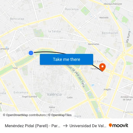 Menéndez Pidal (Parell) - Pare Ferrís to Universidad De Valencia map