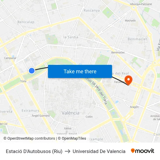 Estació D'Autobusos (Riu) to Universidad De Valencia map